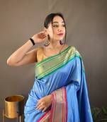Sky-Blue Kamalkari Paithan Silk Saree,Blouse-not As Per Image