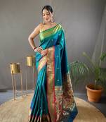 Teal Kamalkari Paithan Silk Saree,Blouse-not As Per Image