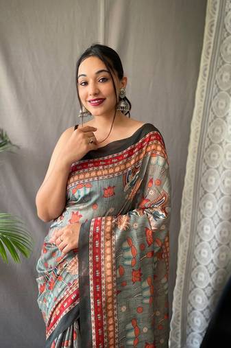 Green Malai Cotton Kalamkari Prints Saree,Blouse-not As Per Image