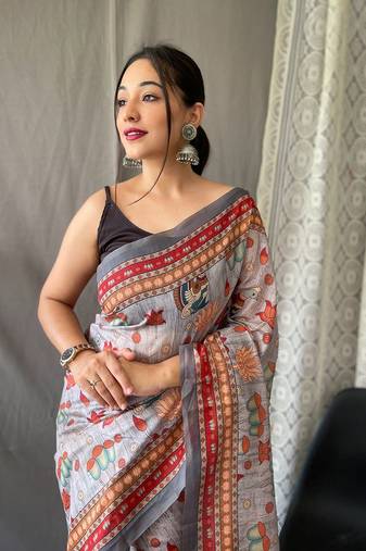 Grey Malai Cotton Kalamkari Prints Saree,Blouse-not As Per Image