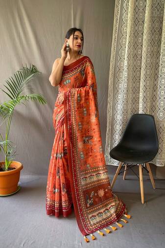 Orange Malai Cotton Kalamkari Prints Saree,Blouse-not As Per Image
