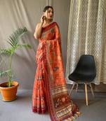 Orange Malai Cotton Kalamkari Prints Saree,Blouse-not As Per Image