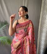 Pink Malai Cotton Kalamkari Prints Saree,Blouse-not As Per Image
