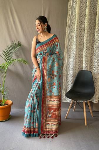 Teal Malai Cotton Kalamkari Prints Saree,Blouse-not As Per Image