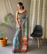 Teal Malai Cotton Kalamkari Prints Saree,Blouse-not As Per Image
