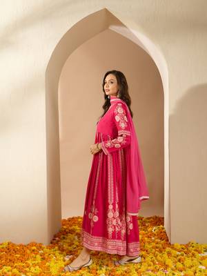Ziyaa women's pink color chinon fabric flared dress with dupatta 2