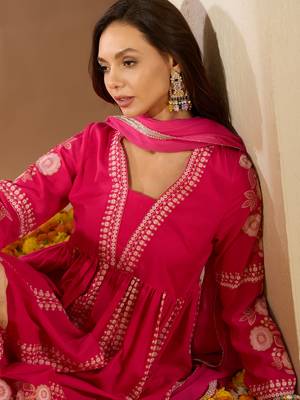 Ziyaa women's pink color chinon fabric flared dress with dupatta 4