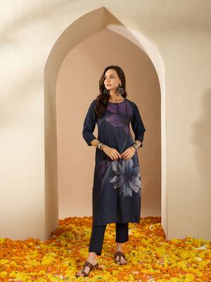 Ziyaa women's navy blue color chinon fabric straight kurta and pant set 1