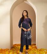 Ziyaa women's navy blue color chinon fabric straight kurta and pant set