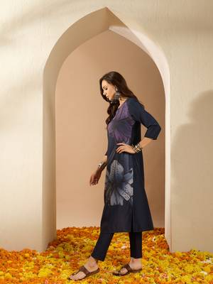 Ziyaa women's navy blue color chinon fabric straight kurta and pant set 2