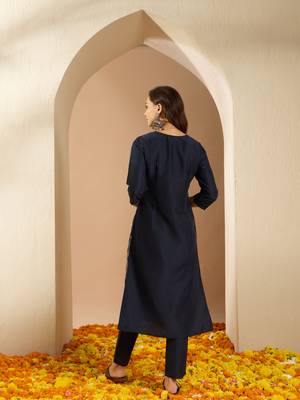 Ziyaa women's navy blue color chinon fabric straight kurta and pant set 3