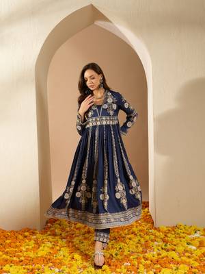 Ziyaa navy blue color chinon flared kurta and pant set 1
