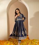 Ziyaa navy blue color chinon flared kurta and pant set