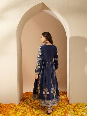 Ziyaa navy blue color chinon flared kurta and pant set 3