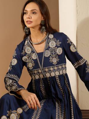 Ziyaa navy blue color chinon flared kurta and pant set 4