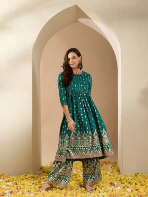 Ziyaa green color chinon flared kurta and palazzo set 1