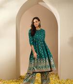 Ziyaa green color chinon flared kurta and palazzo set
