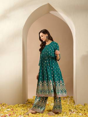 Ziyaa green color chinon flared kurta and palazzo set 2