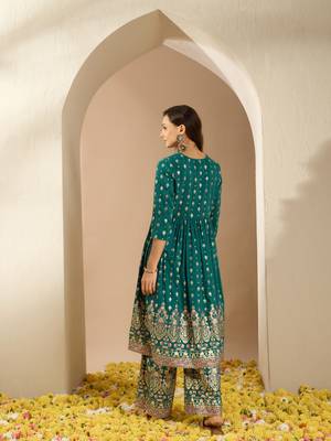 Ziyaa green color chinon flared kurta and palazzo set 3