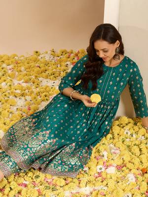 Ziyaa green color chinon flared kurta and palazzo set 5