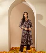 Ziyaa women's brown color crepe fabric a-line kurta and pant set