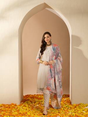 Ziyaa women's grey color chinon fabric straight kurta pant and dupatta set 1