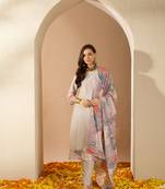 Ziyaa women's grey color chinon fabric straight kurta pant and dupatta set