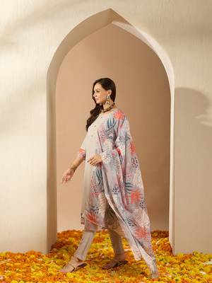 Ziyaa women's grey color chinon fabric straight kurta pant and dupatta set 2