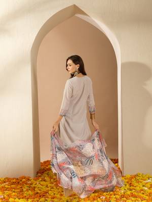 Ziyaa women's grey color chinon fabric straight kurta pant and dupatta set 3