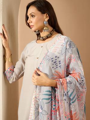Ziyaa women's grey color chinon fabric straight kurta pant and dupatta set 4