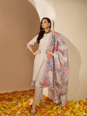Ziyaa women's grey color chinon fabric straight kurta pant and dupatta set 5