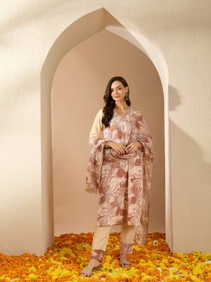 Ziyaa women's cream color chinon fabric straight kurta pant and dupatta set 1
