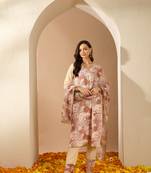 Ziyaa women's cream color chinon fabric straight kurta pant and dupatta set