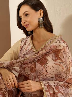 Ziyaa women's cream color chinon fabric straight kurta pant and dupatta set 4