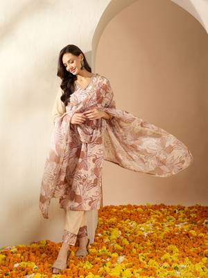 Ziyaa women's cream color chinon fabric straight kurta pant and dupatta set 5