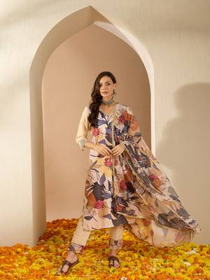 Ziyaa women's cream color chinon fabric straight kurta pant and dupatta set 1