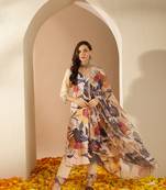 Ziyaa women's cream color chinon fabric straight kurta pant and dupatta set