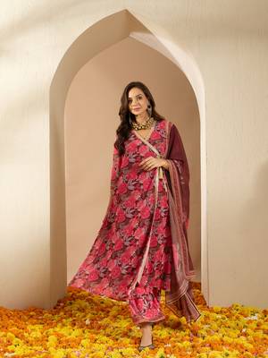 Ziyaa brown color georgette flared kurta, palazzo and dupatta set 1