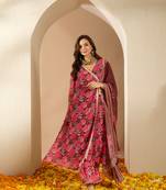 Ziyaa brown color georgette flared kurta, palazzo and dupatta set