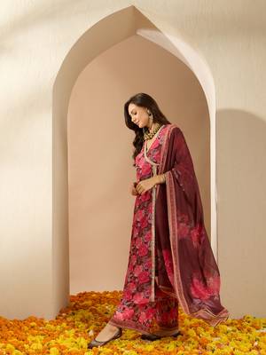 Ziyaa brown color georgette flared kurta, palazzo and dupatta set 2