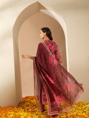 Ziyaa brown color georgette flared kurta, palazzo and dupatta set 3