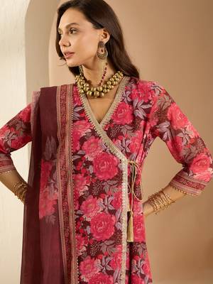 Ziyaa brown color georgette flared kurta, palazzo and dupatta set 4