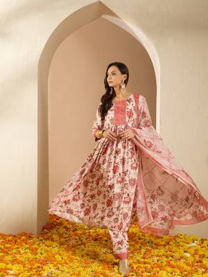 Ziyaa cream color summer cool flared kurta, pant and dupatta set 1