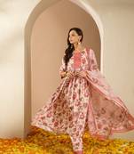 Ziyaa cream color summer cool flared kurta, pant and dupatta set