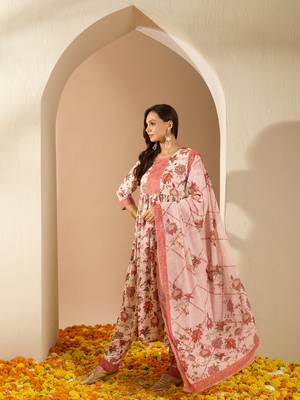 Ziyaa cream color summer cool flared kurta, pant and dupatta set 2