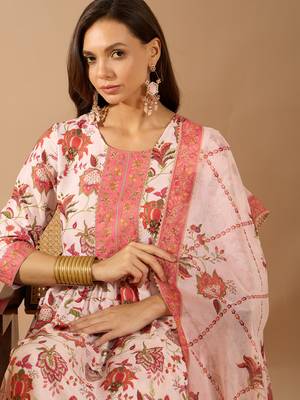 Ziyaa cream color summer cool flared kurta, pant and dupatta set 4