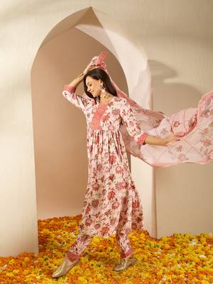 Ziyaa cream color summer cool flared kurta, pant and dupatta set 5