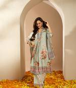 Ziyaa green color summer cool flared kurta, palazzo and dupatta set