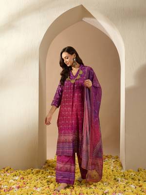 Ziyaa purple color summer cool straight kurta, palazzo and dupatta set 1