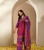 Ziyaa purple color summer cool straight kurta, palazzo and dupatta set